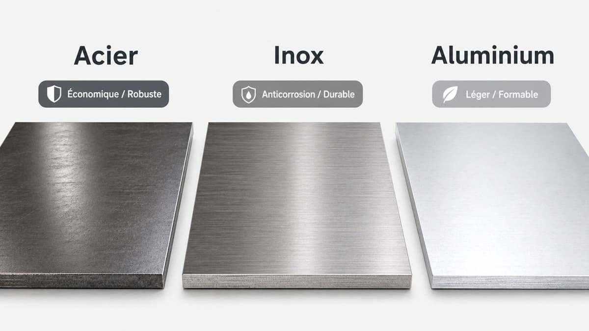 acier inoxydable ou inox : Trois échantillons de métal côte à côte — acier, inox et aluminium — avec annotations de leurs propriétés : résistance, anticorrosion et légèreté