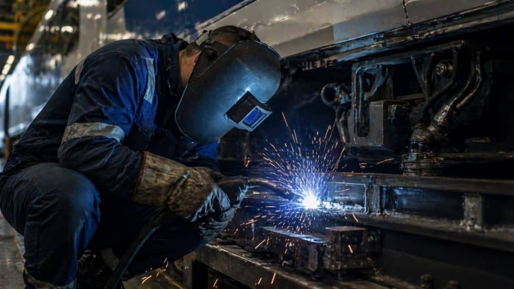 Soudeur certifié EN 15085 réalisant une opération de soudage sur composant ferroviaire chez Pothier Productions
