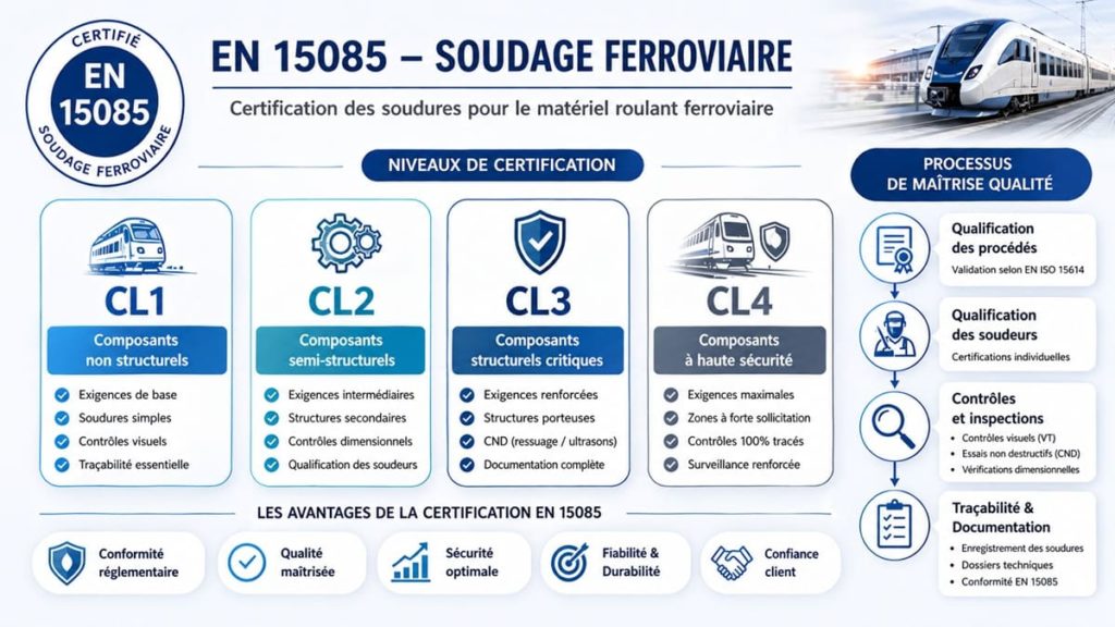 Voie ferrée illustrant les applications de la norme EN 15085 pour le soudage des véhicules ferroviaires

